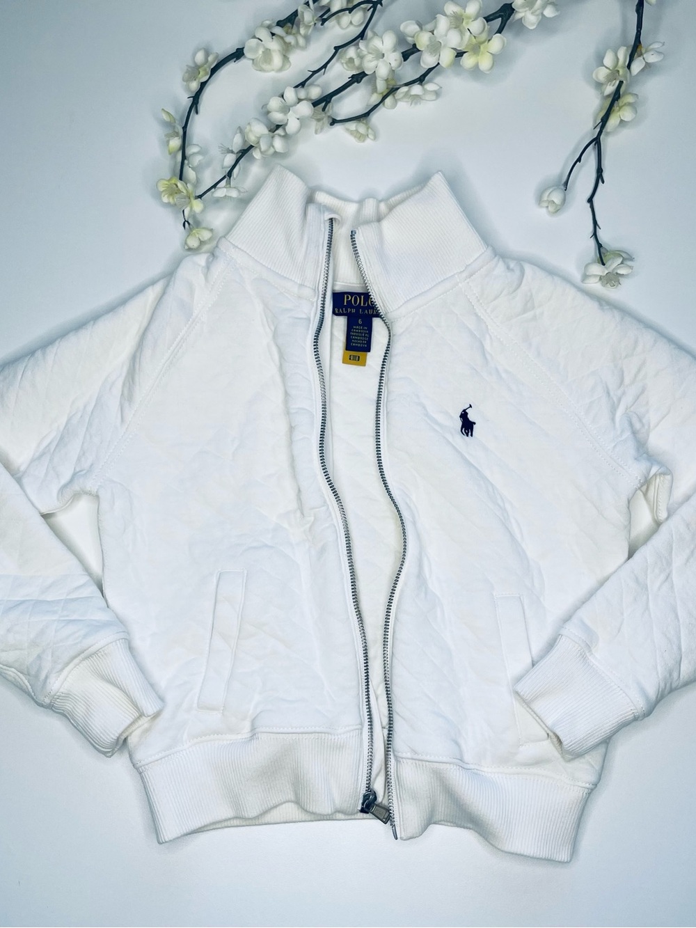 Polo by Ralph Lauren White Quilted Bomber with Navy Pony